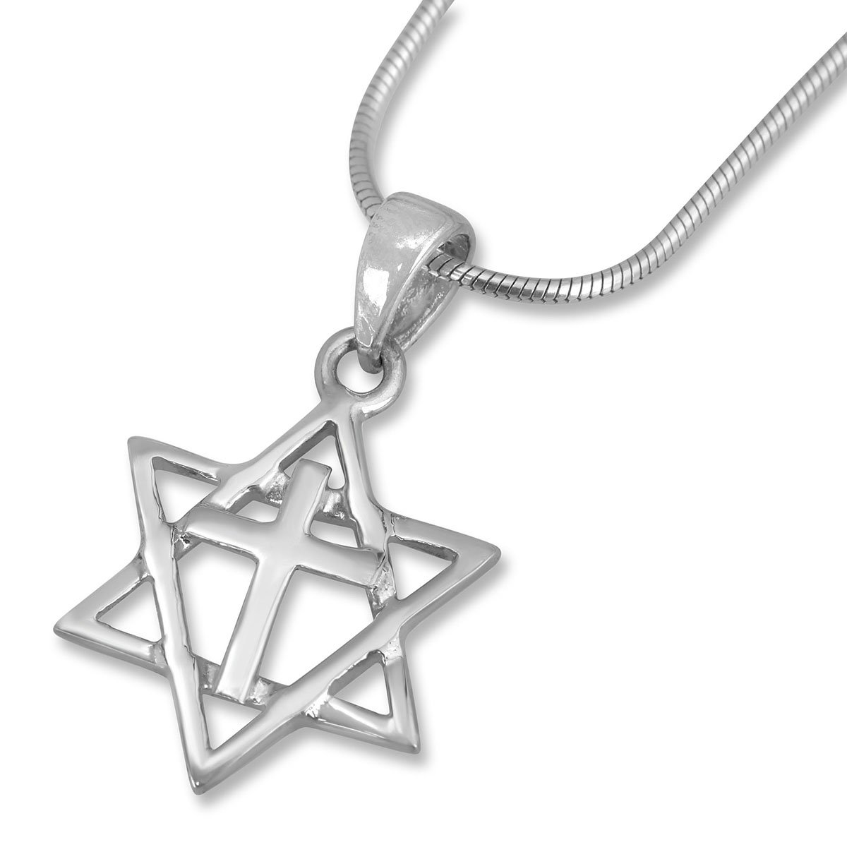 Sterling Silver Classic Messianic Star Of David With Cross Necklace