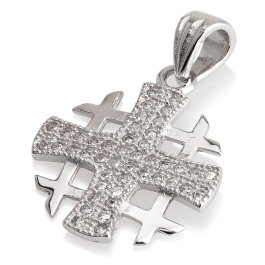 Rhodium Plated Sterling Silver Jerusalem Cross Pendant with Cubic