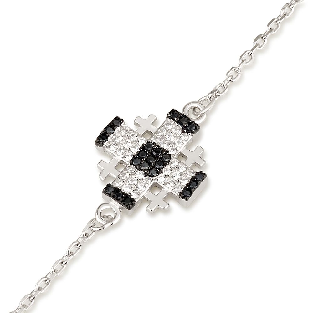 Emuna Studio Rhodium Plated Silver Pavé Jerusalem Cross Bracelet with White and Black CZ - 1