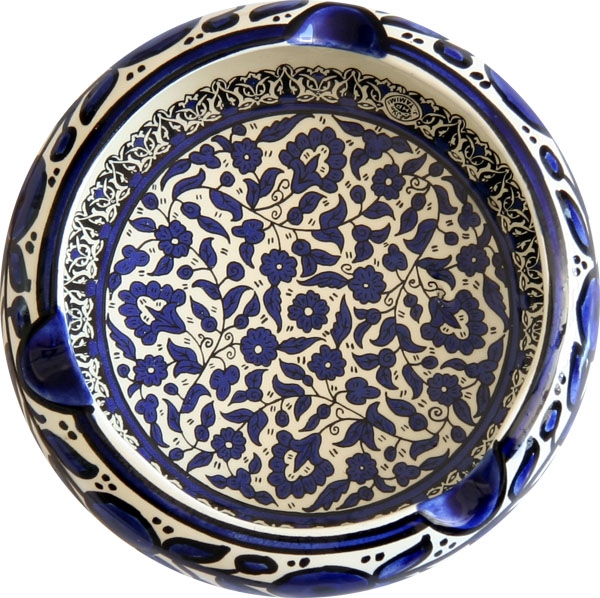 Armenian Ceramic Round Blue Flowers Ashtray (White), Armenian